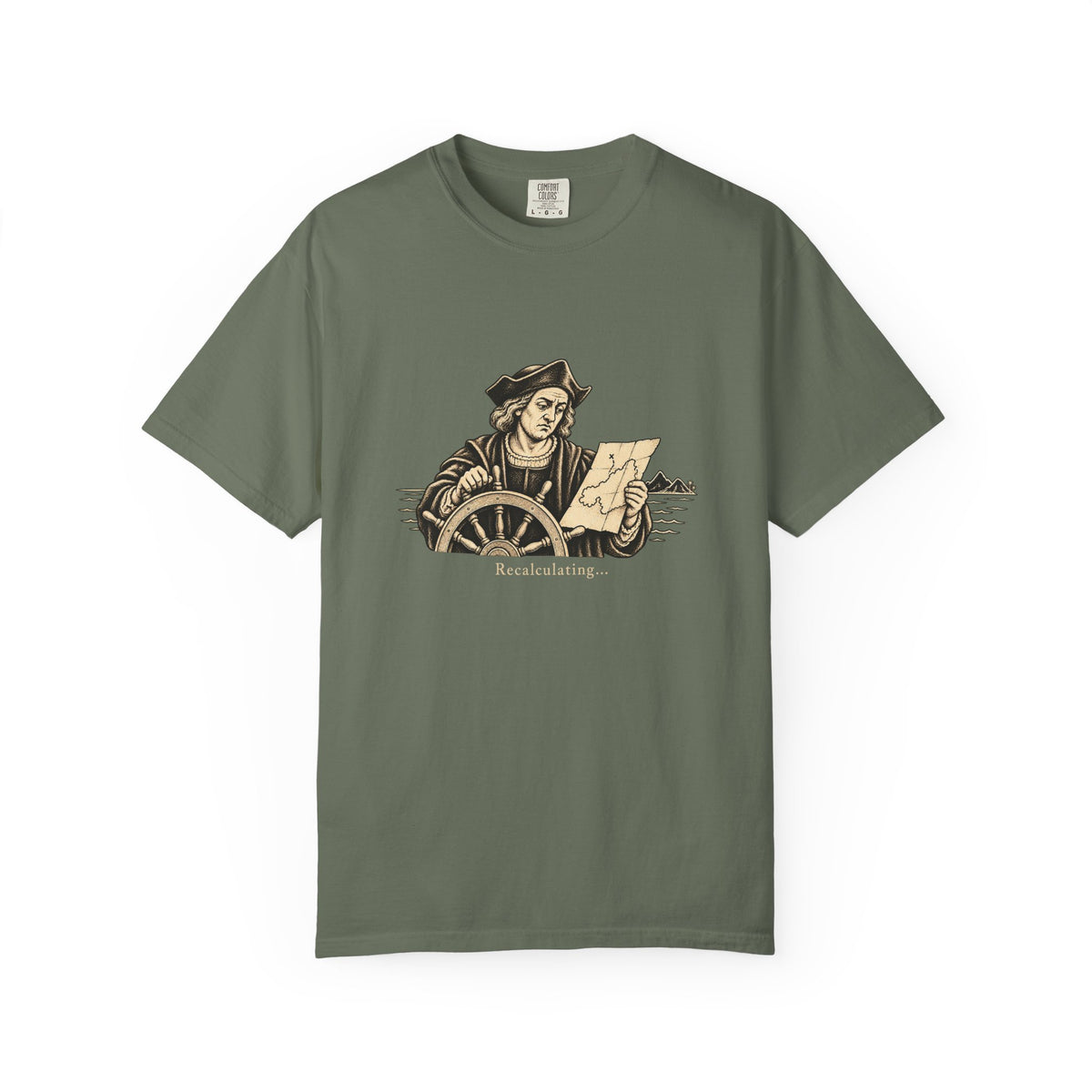 Recalculating t-shirt: vintage navigator at a ship's wheel