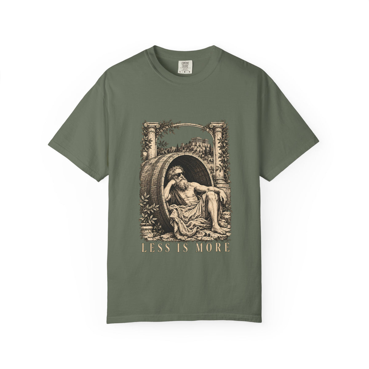 Less Is More t-shirt: Diogenes in sunglasses reclining in his barrel