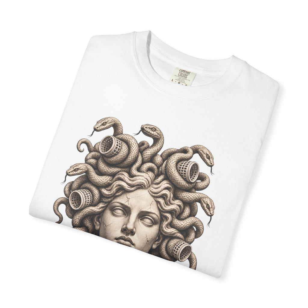 Bad Hair Day t-shirt: Medusa with her snakes in hair rollers