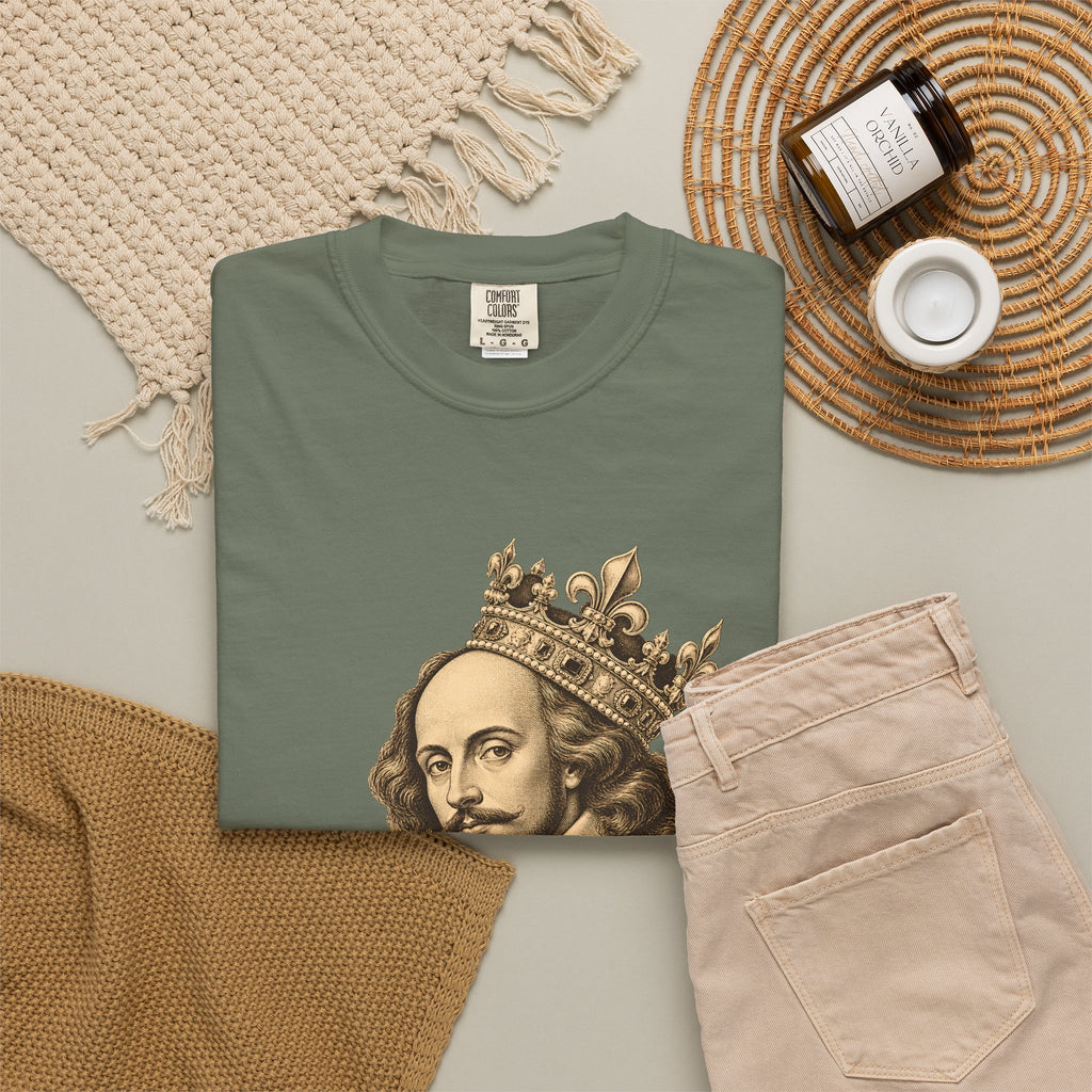 The Bard t-shirt: crowned William Shakespeare engraving-style portrait