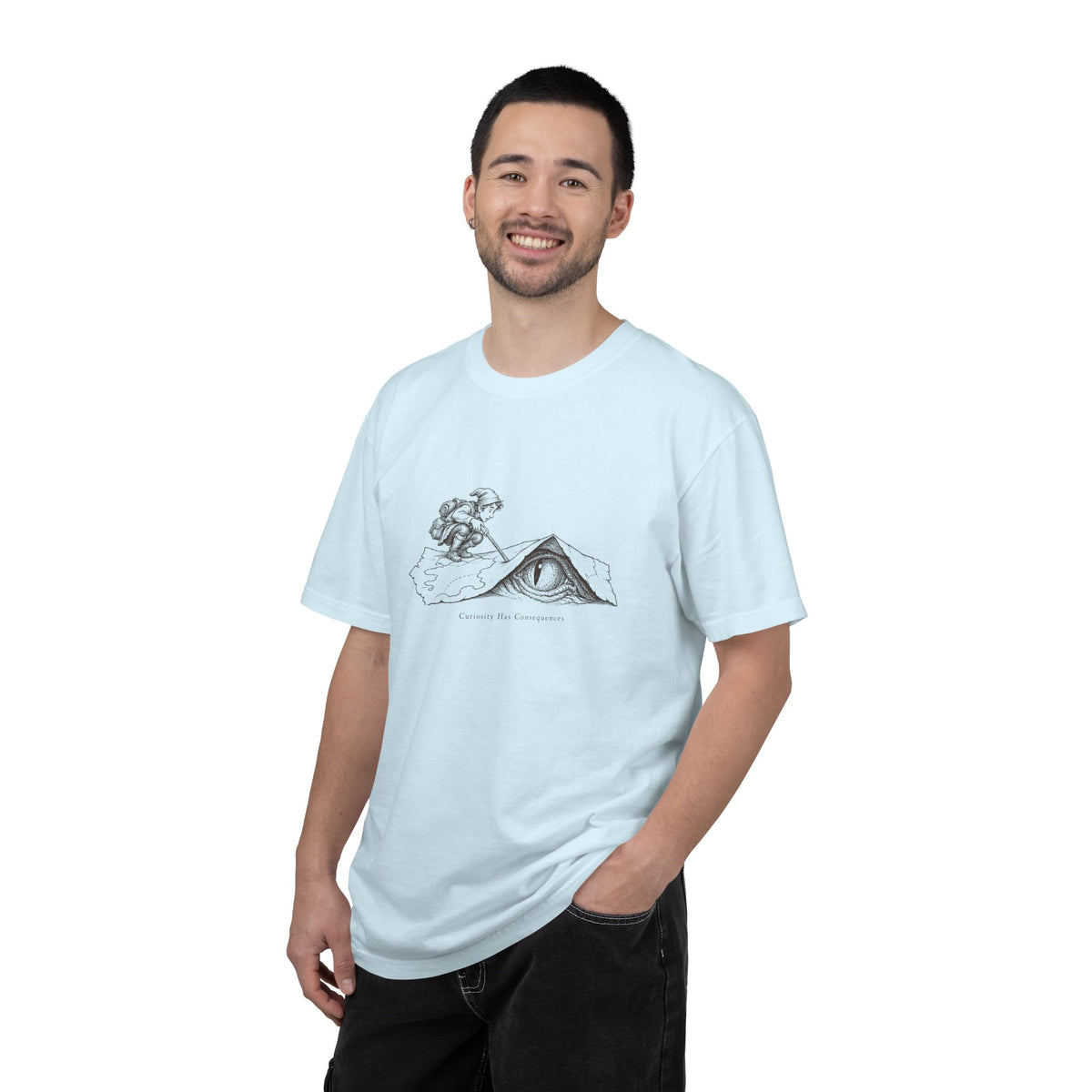 Curiosity Has Consequences t-shirt: vintage explorer at a mountain cave