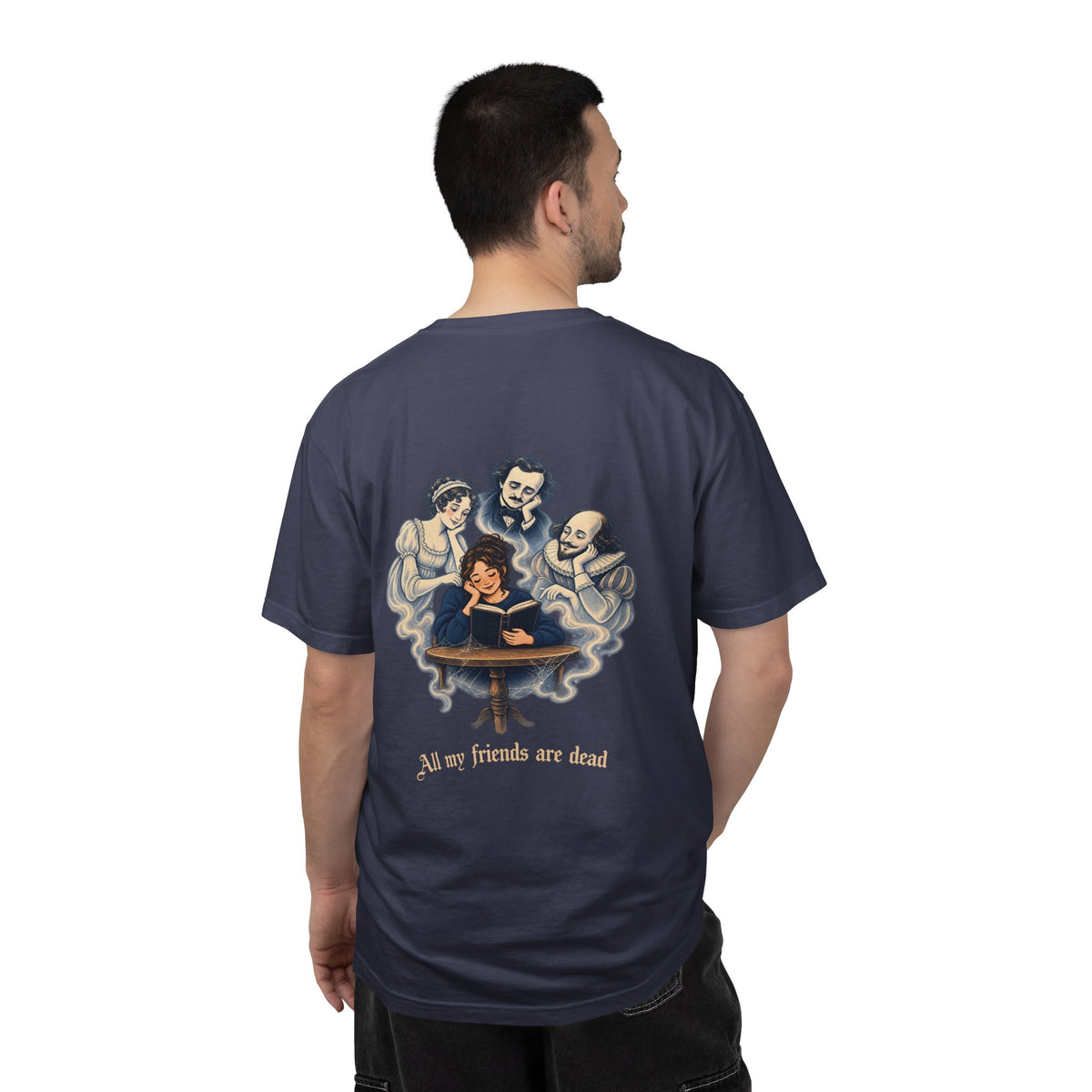 All My Friends Are Dead Familiar Spirits t-shirt: reader with ghostly companions