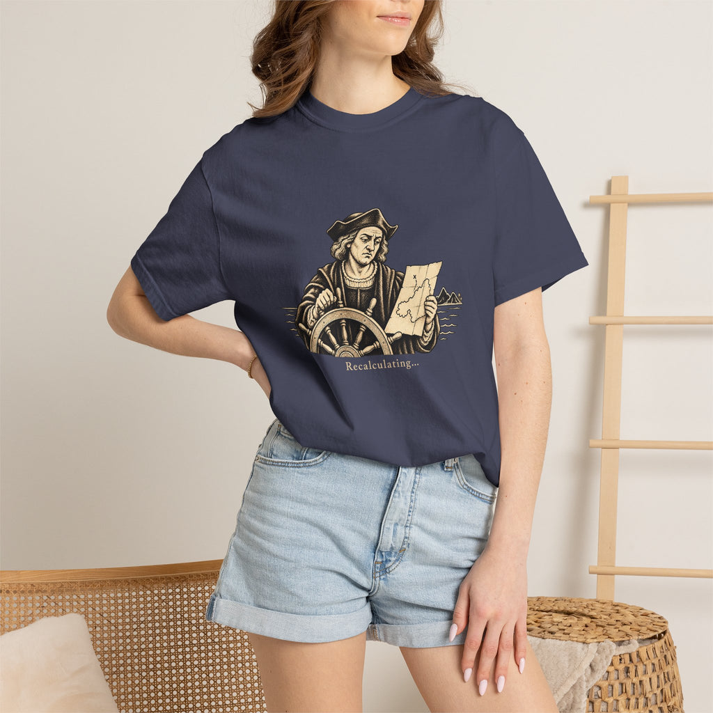Recalculating t-shirt: vintage navigator at a ship's wheel