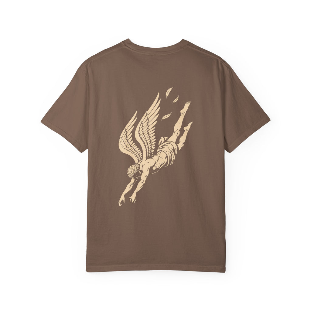 Falling Figure t-shirt: falling winged figure back print with Nexus chest monogram