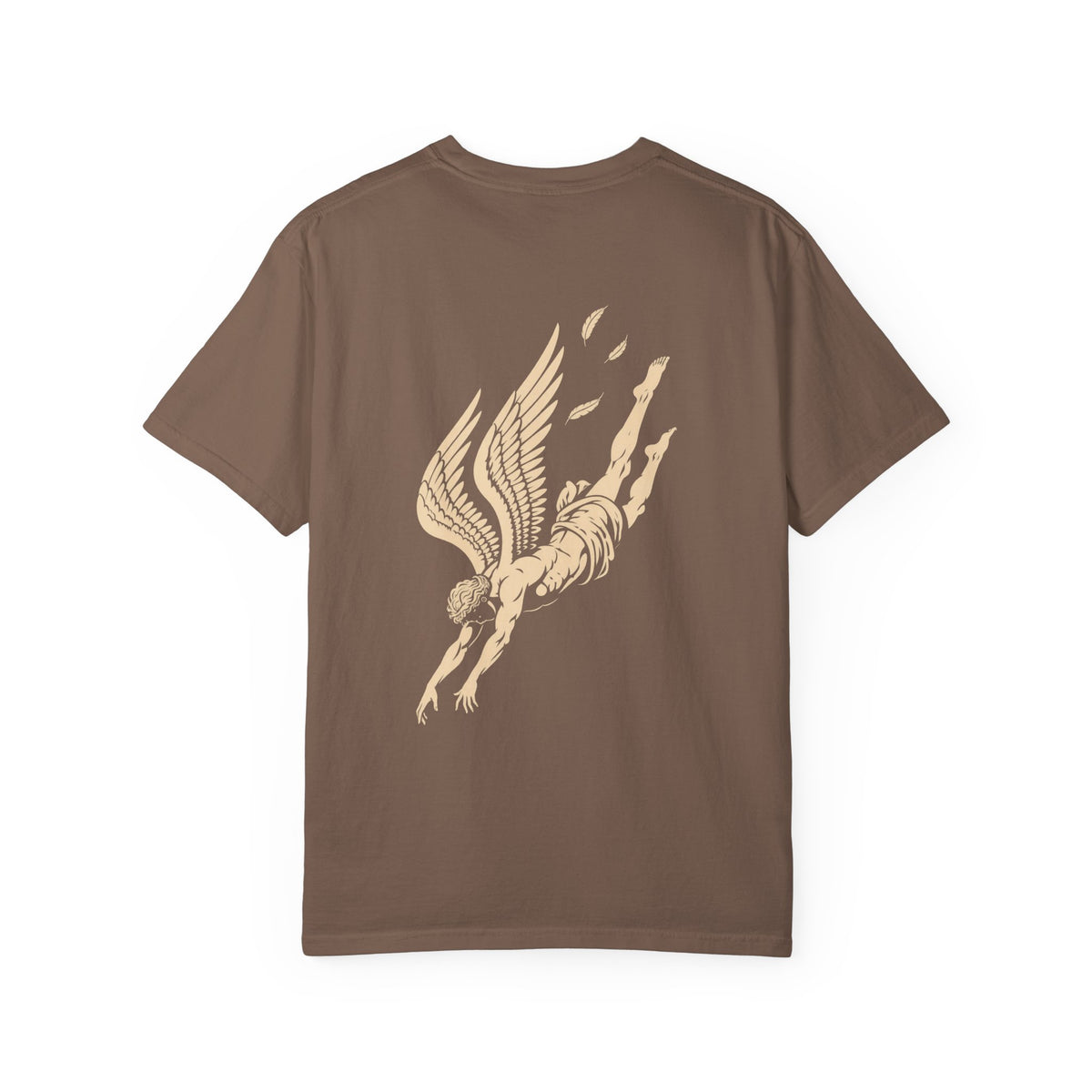 Falling Figure t-shirt: falling winged figure back print with Nexus chest monogram