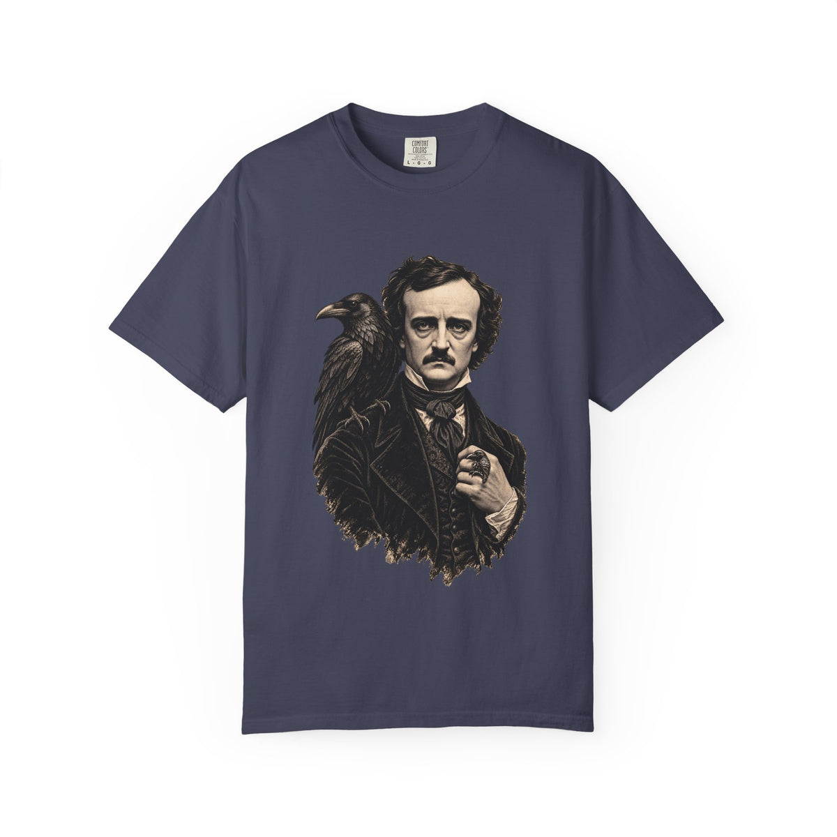 Poe After Dark t-shirt: Edgar Allan Poe portrait with a raven