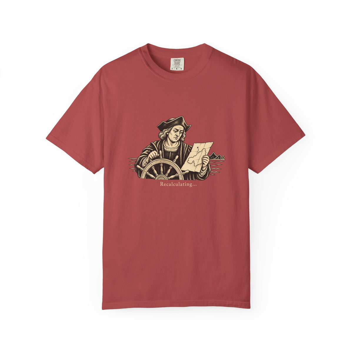 Recalculating t-shirt: vintage navigator at a ship's wheel