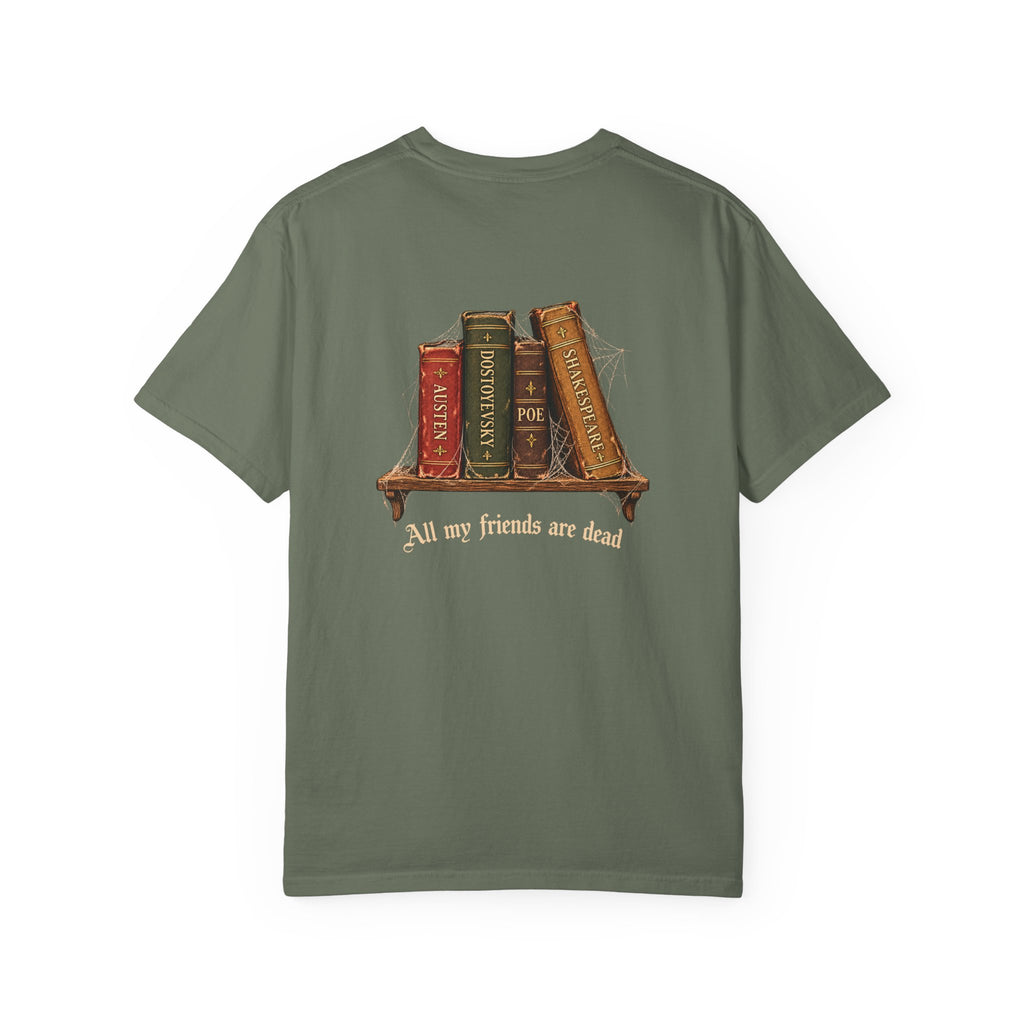 All My Friends Are Dead Dead Letters t-shirt: aged books and cobwebs