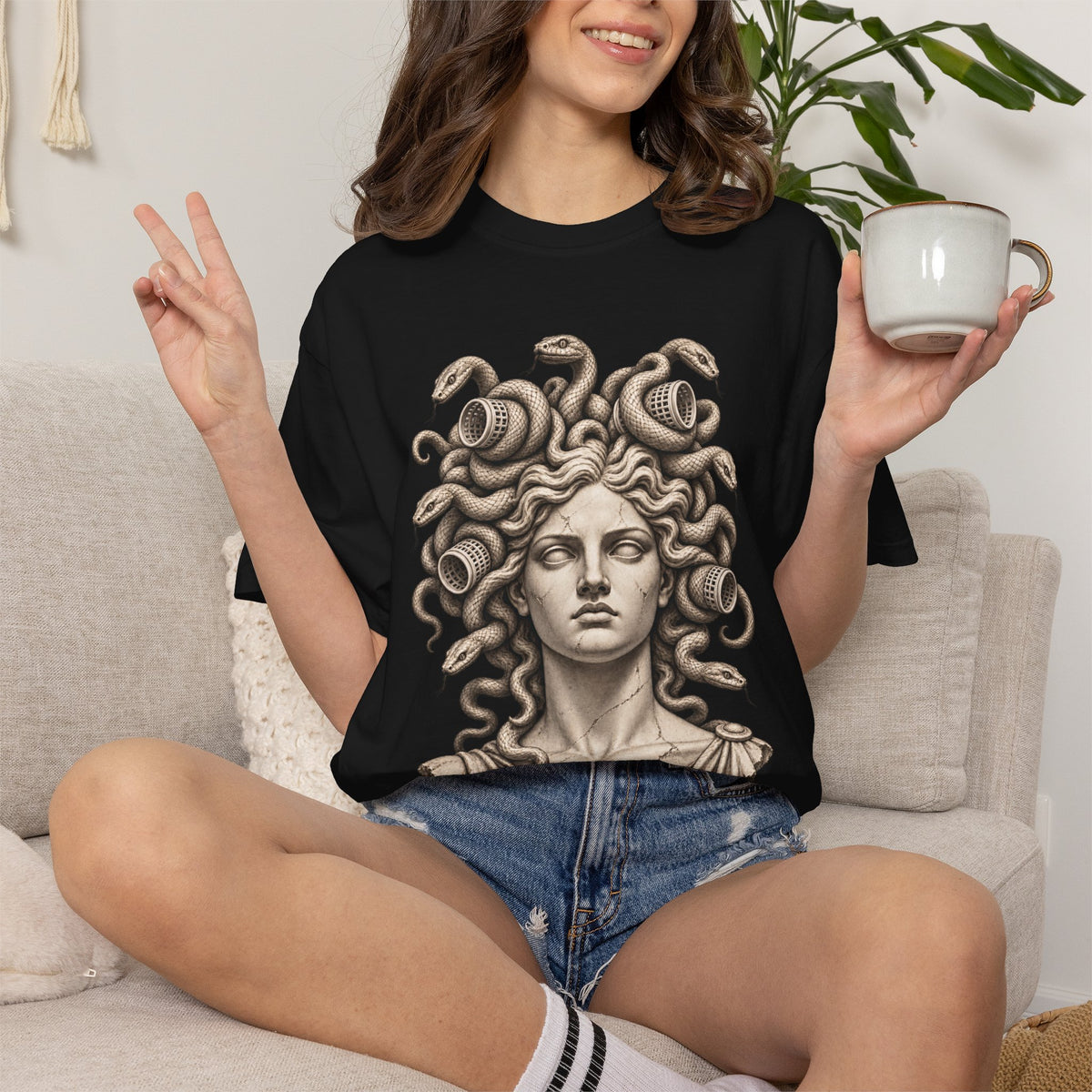 Bad Hair Day t-shirt: Medusa with her snakes in hair rollers