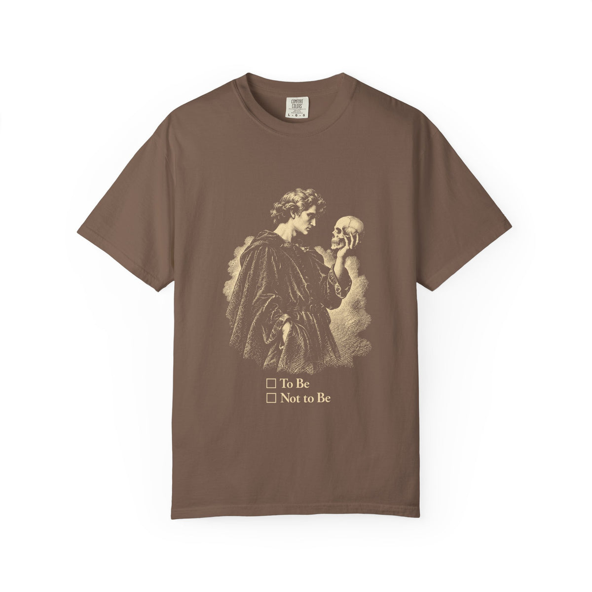 To Be Determined t-shirt: Hamlet holding a skull above To Be / Not to Be checkboxes