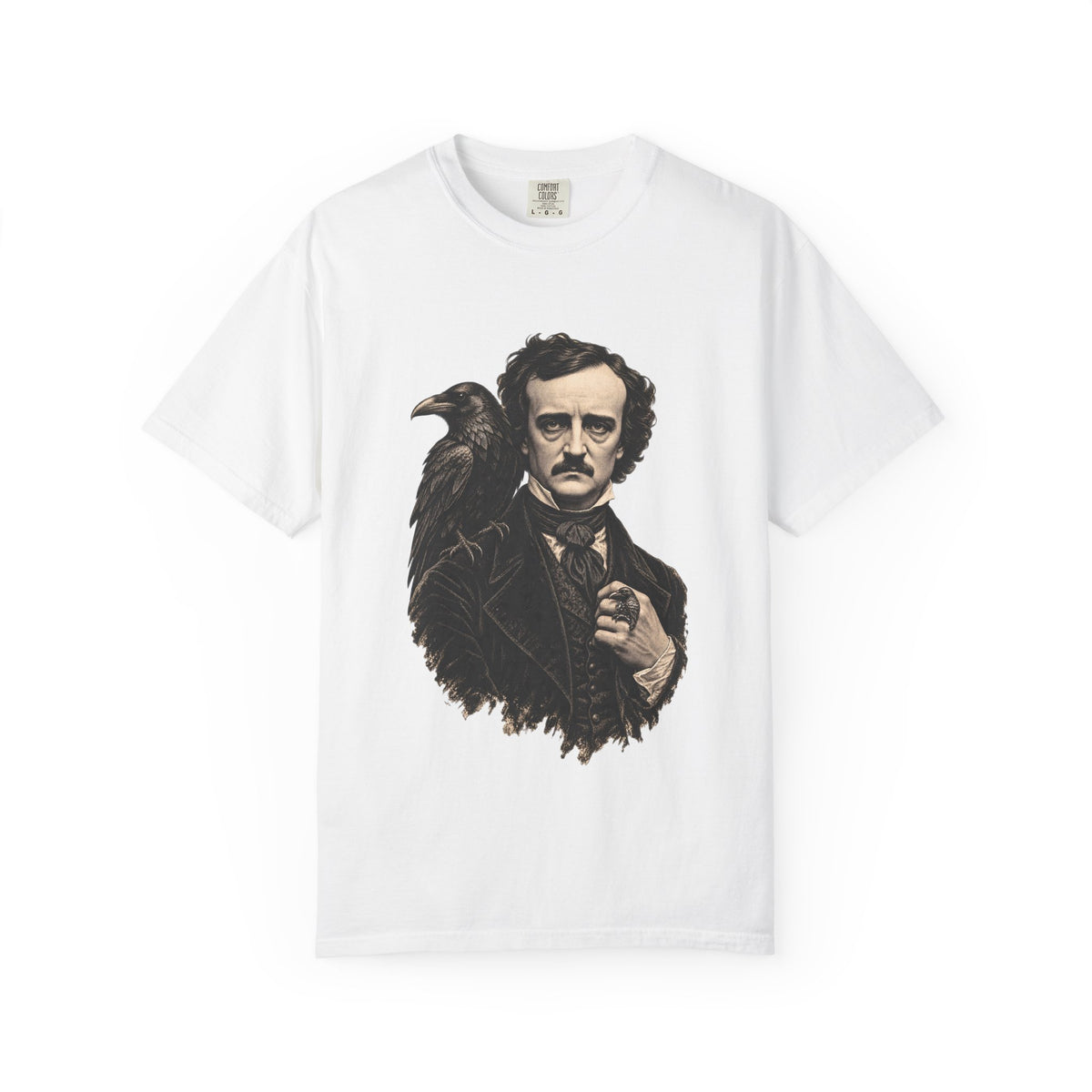 Poe After Dark t-shirt: Edgar Allan Poe portrait with a raven