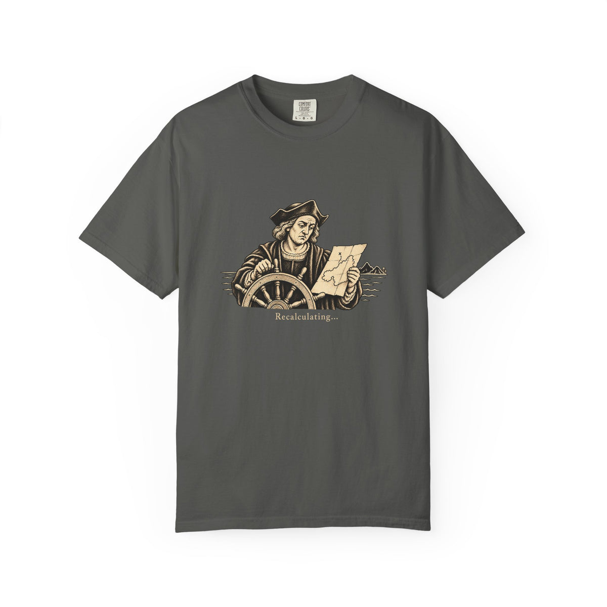 Recalculating t-shirt: vintage navigator at a ship's wheel