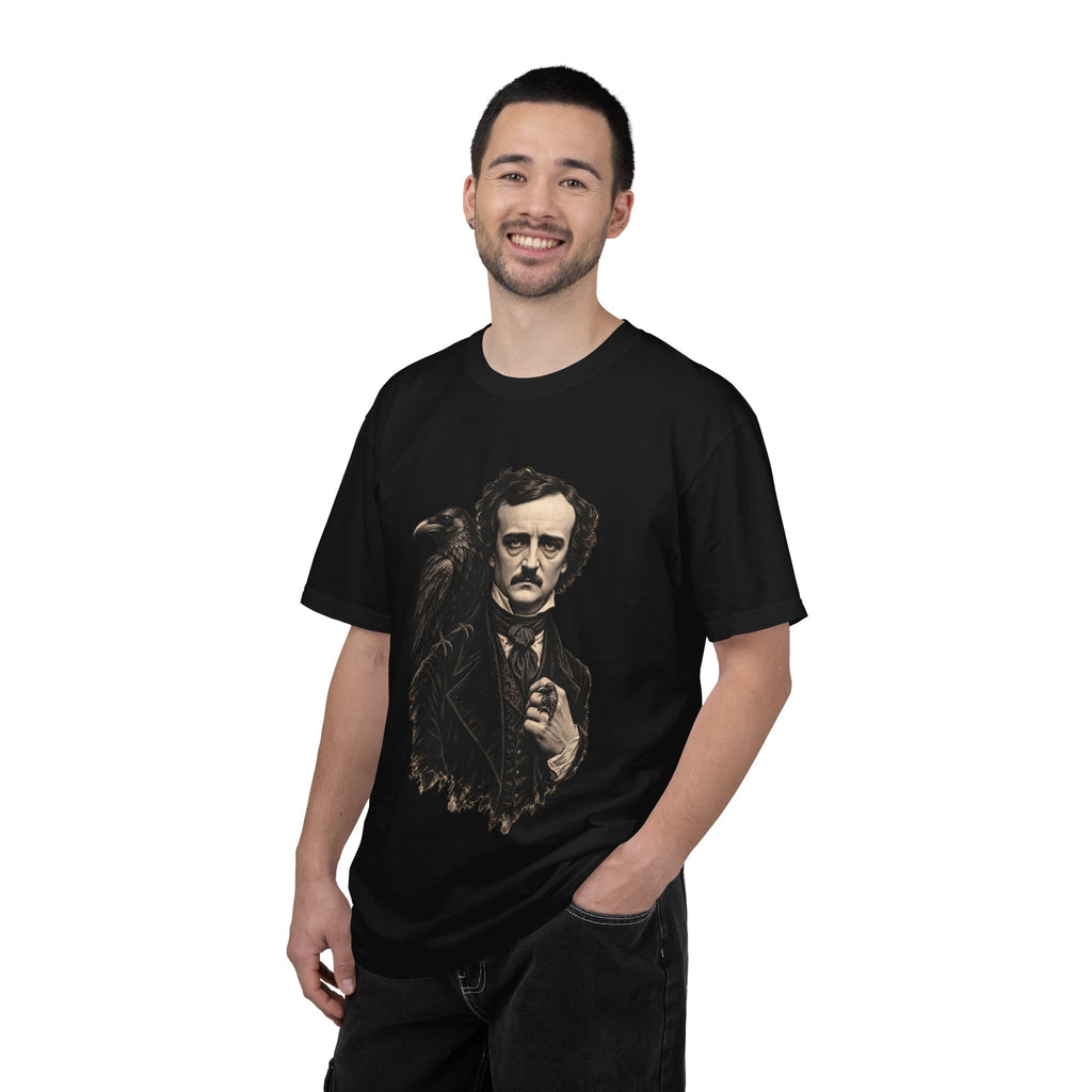 Poe After Dark t-shirt: Edgar Allan Poe portrait with a raven