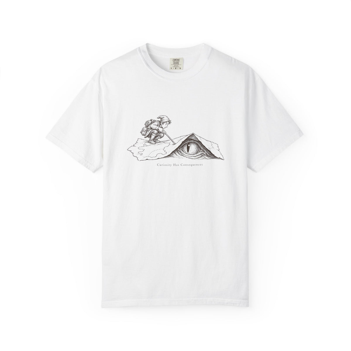 Curiosity Has Consequences t-shirt: vintage explorer at a mountain cave