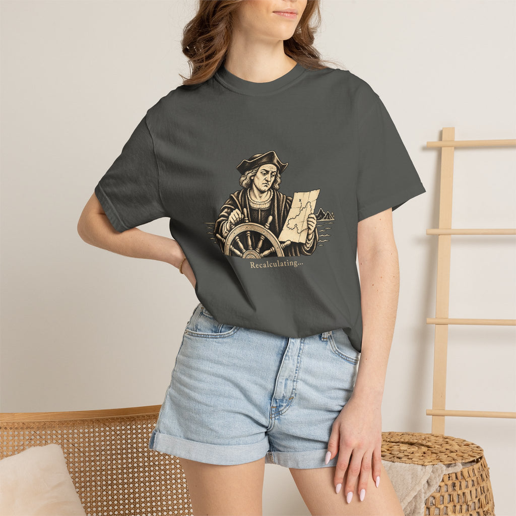 Recalculating t-shirt: vintage navigator at a ship's wheel