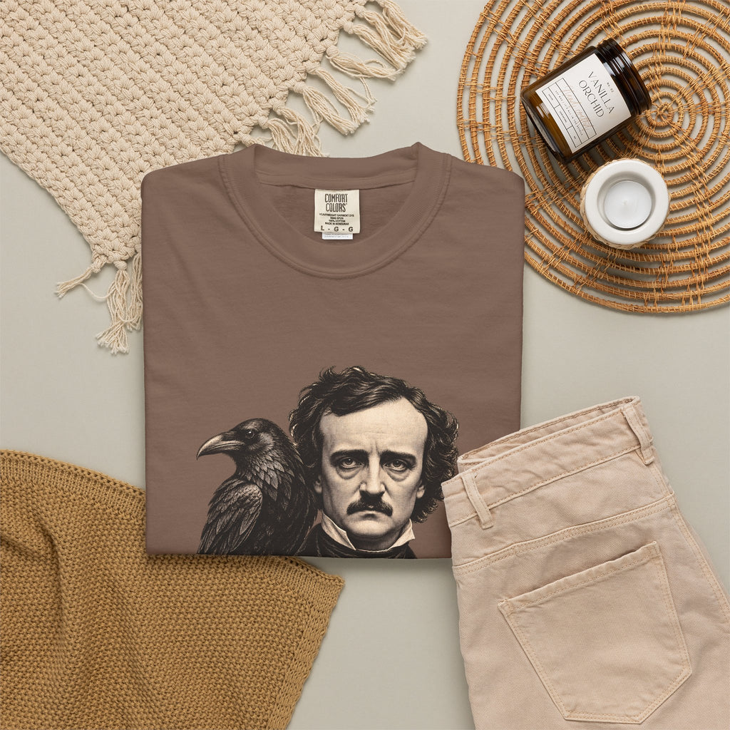 Poe After Dark t-shirt: Edgar Allan Poe portrait with a raven