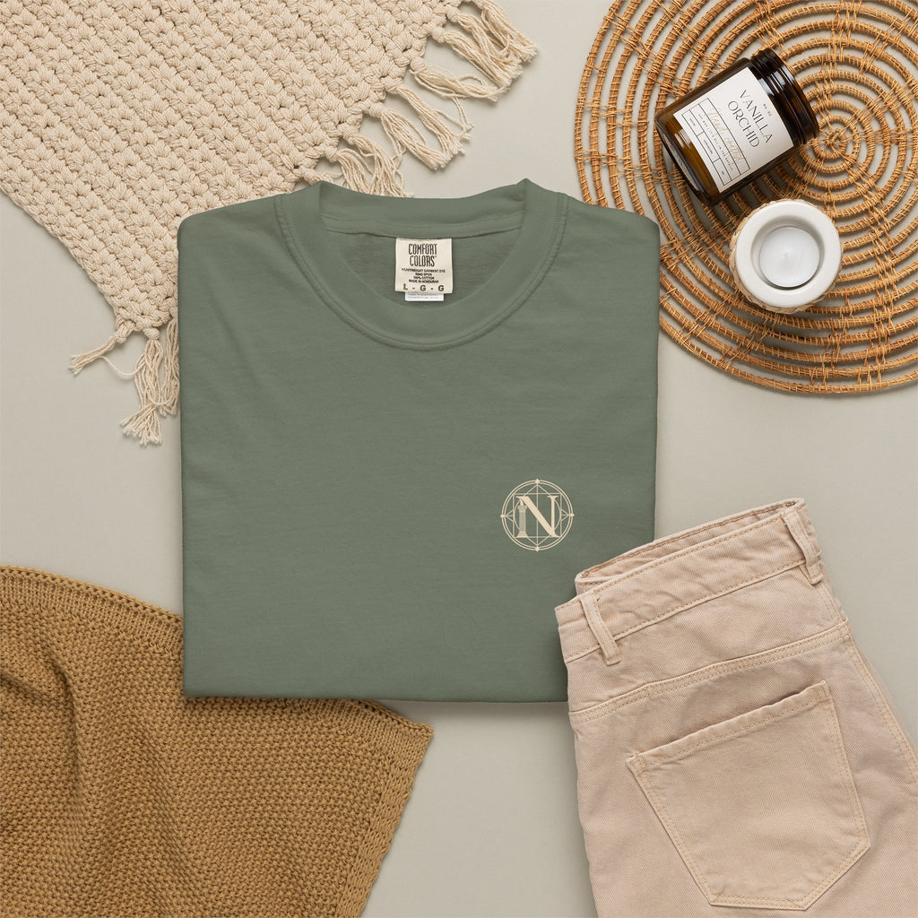 Falling Figure t-shirt: falling winged figure back print with Nexus chest monogram