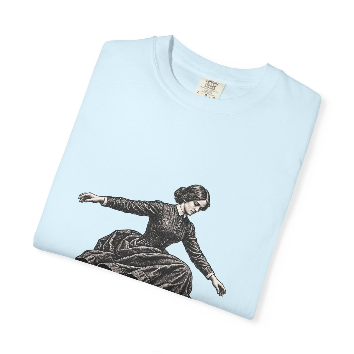 Jane Air t-shirt: Jane Eyre-inspired woman in period dress on a skateboard