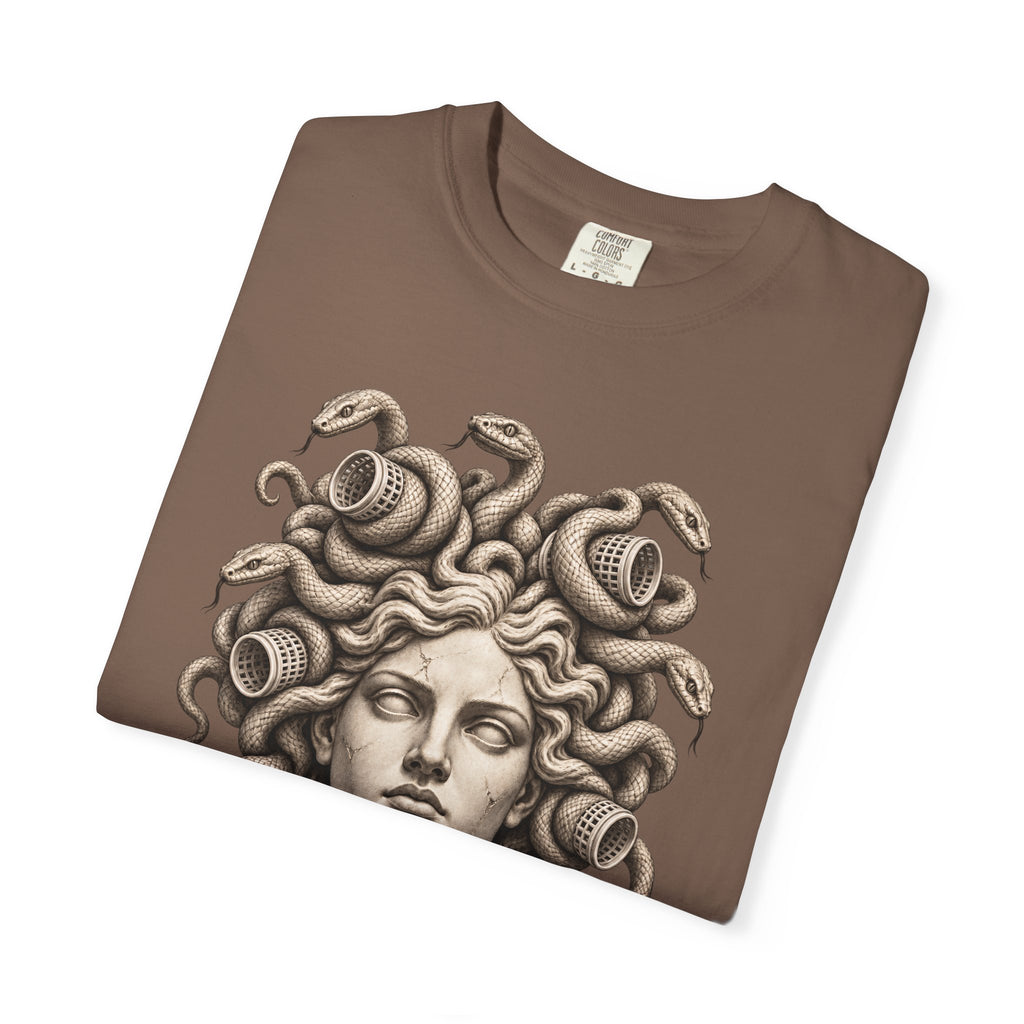 Bad Hair Day t-shirt: Medusa with her snakes in hair rollers