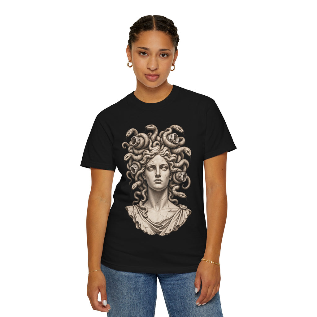 Bad Hair Day t-shirt: Medusa with her snakes in hair rollers