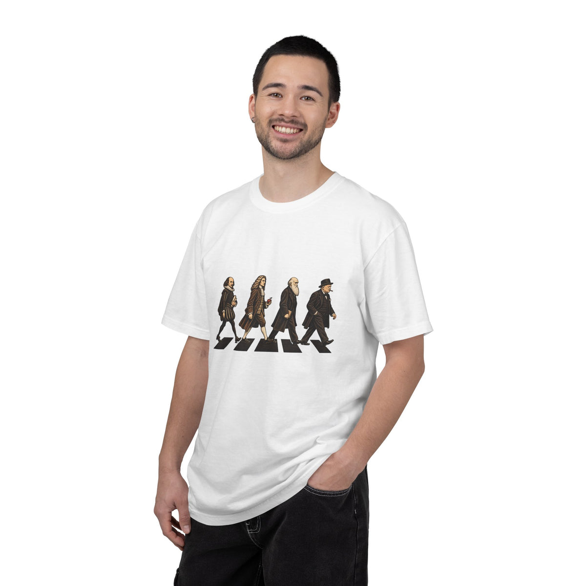 The Thought Procession t-shirt: Shakespeare, Newton, Darwin and Churchill on a crosswalk