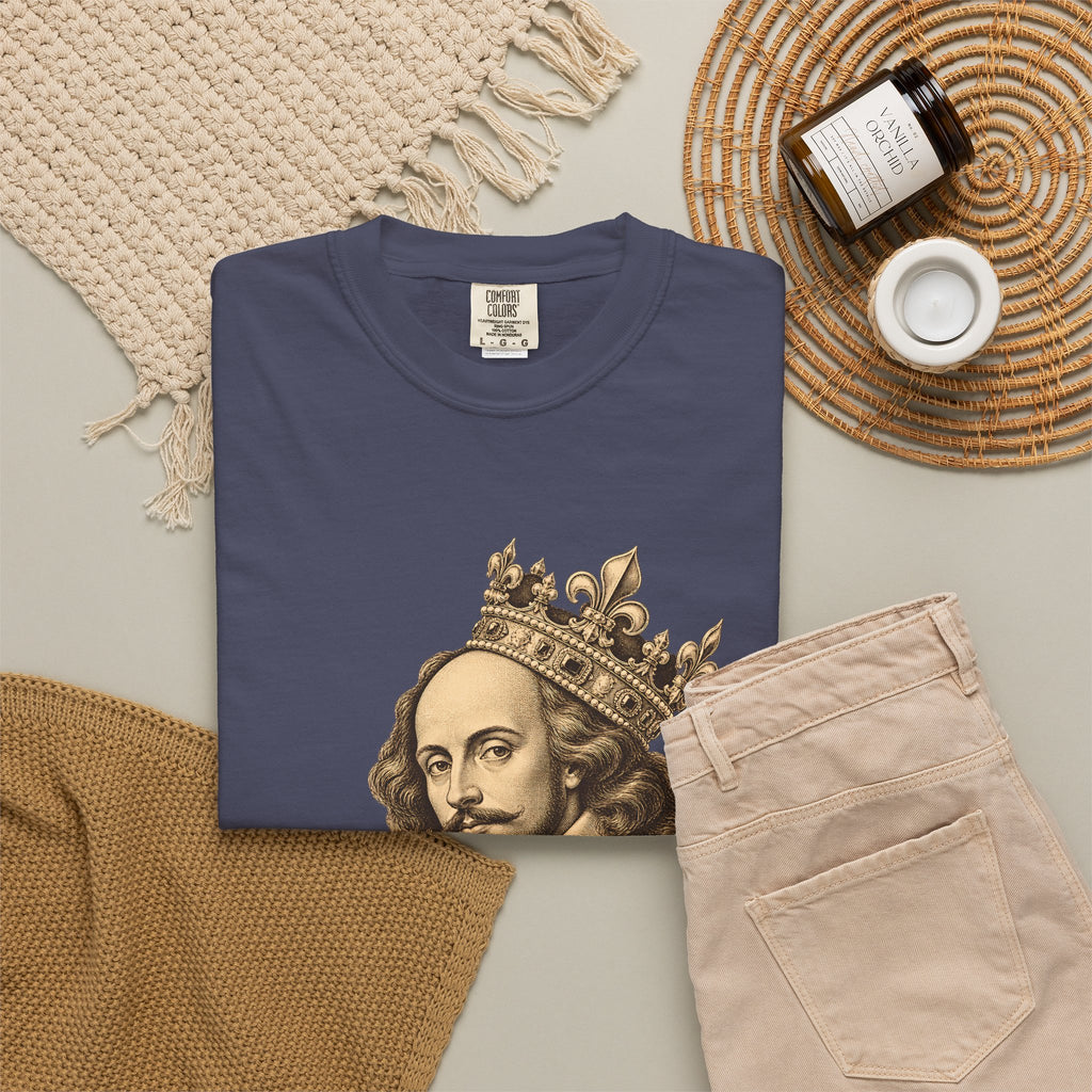 The Bard t-shirt: crowned William Shakespeare engraving-style portrait