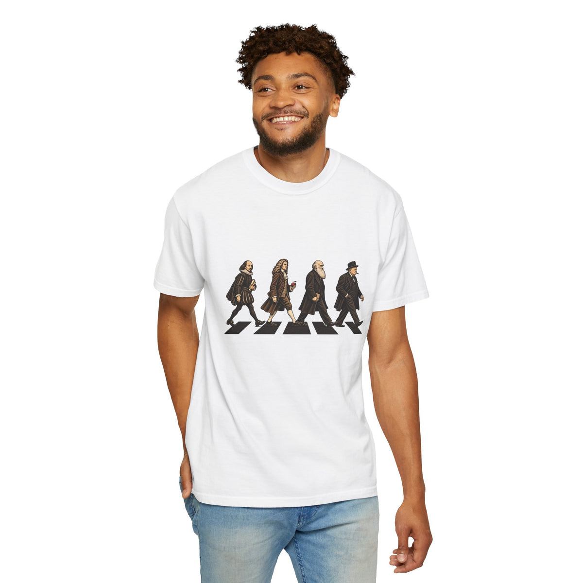 The Thought Procession t-shirt: Shakespeare, Newton, Darwin and Churchill on a crosswalk