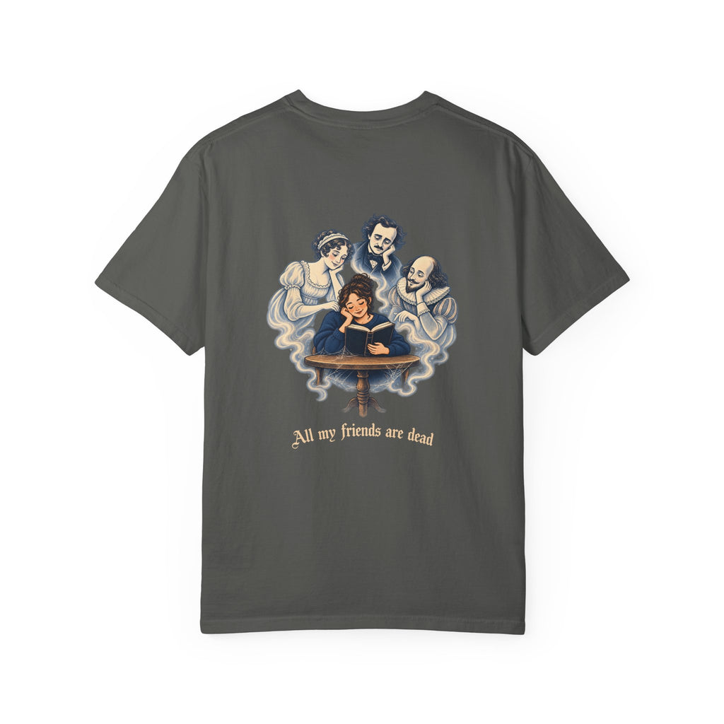 All My Friends Are Dead Familiar Spirits t-shirt: reader with ghostly companions