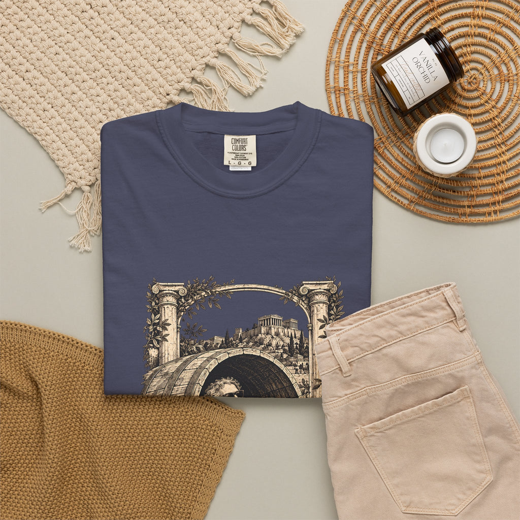 Less Is More t-shirt: Diogenes in sunglasses reclining in his barrel