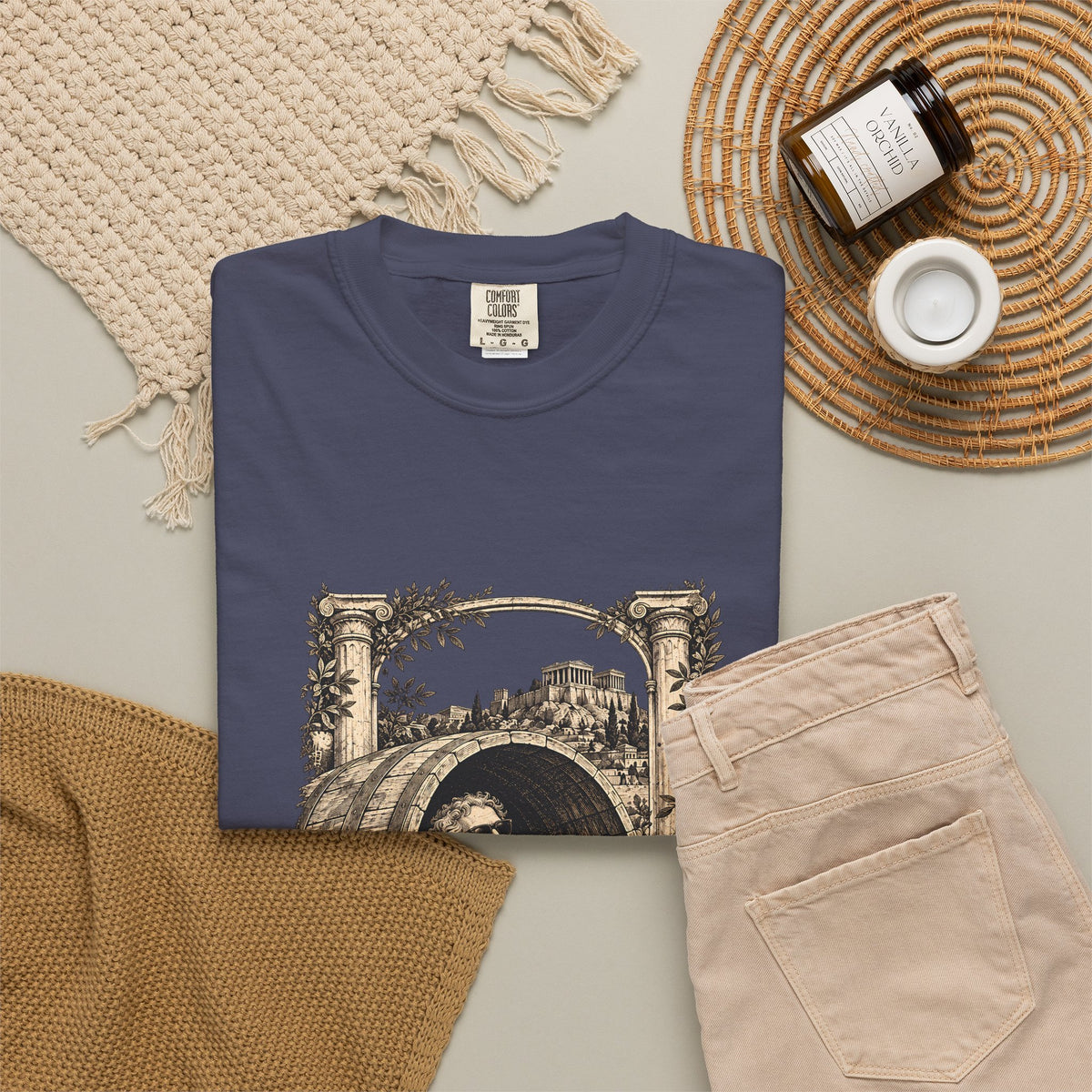 Less Is More t-shirt: Diogenes in sunglasses reclining in his barrel