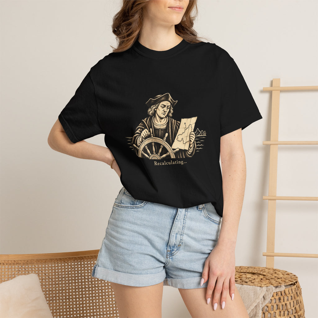 Recalculating t-shirt: vintage navigator at a ship's wheel