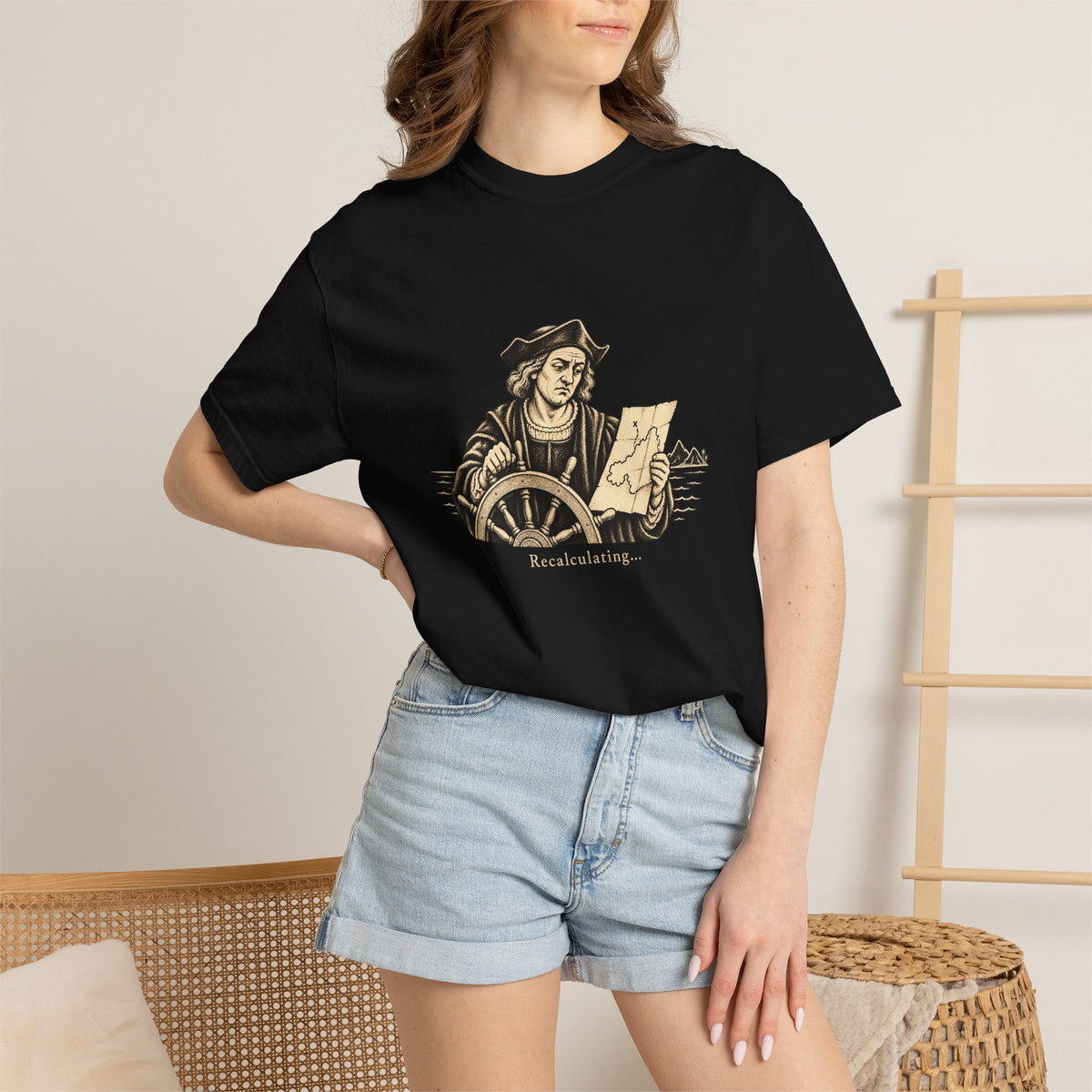 Recalculating t-shirt: vintage navigator at a ship's wheel