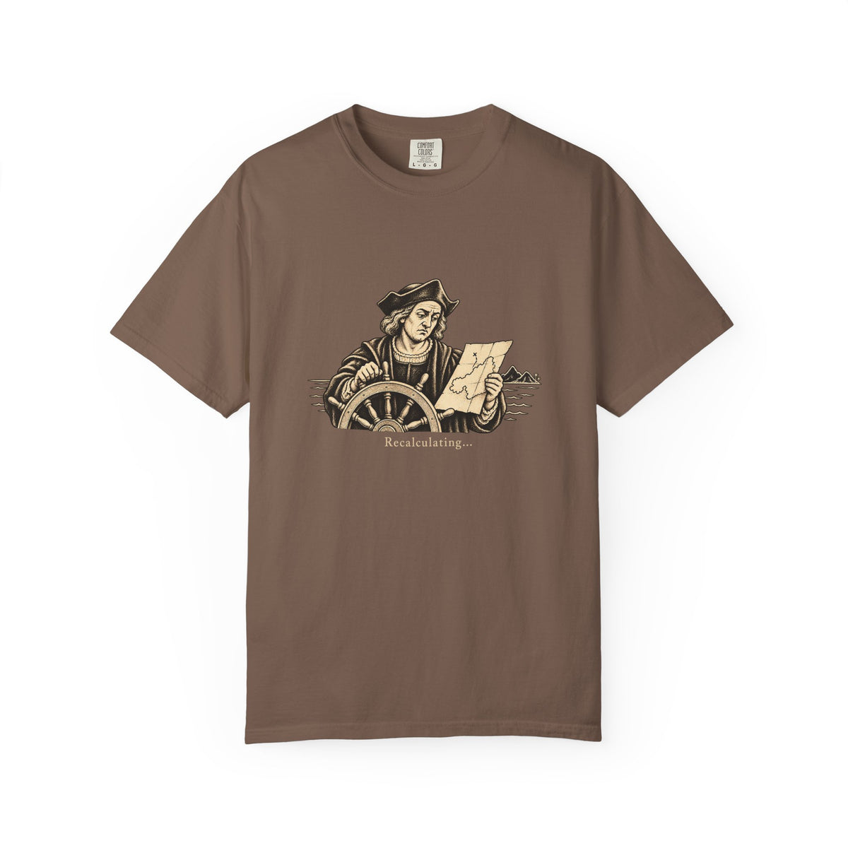 Recalculating t-shirt: vintage navigator at a ship's wheel