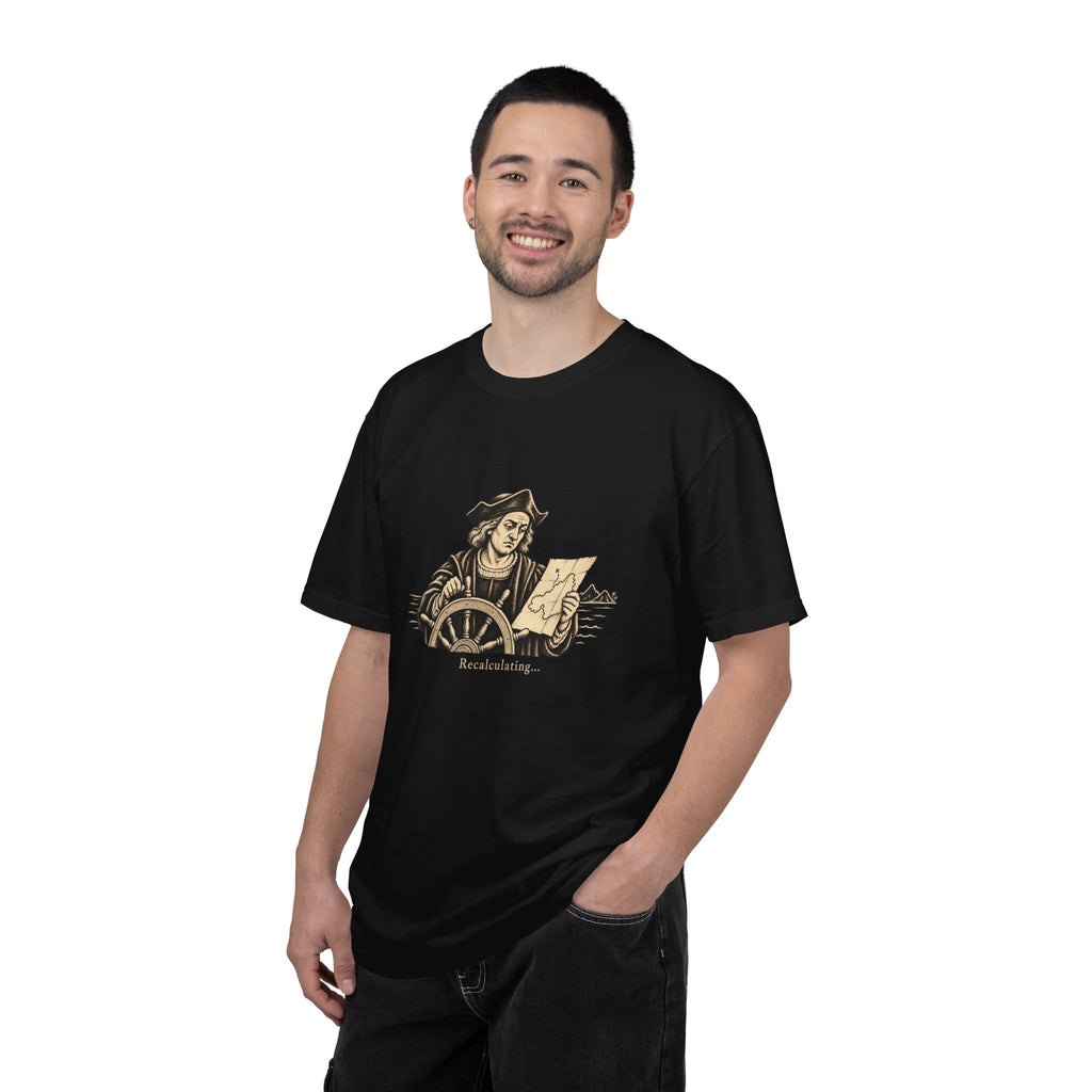 Recalculating t-shirt: vintage navigator at a ship's wheel
