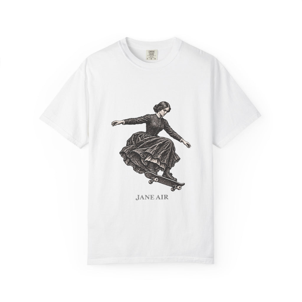 Jane Air t-shirt: Jane Eyre-inspired woman in period dress on a skateboard