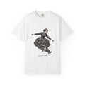 Jane Air t-shirt: Jane Eyre-inspired woman in period dress on a skateboard