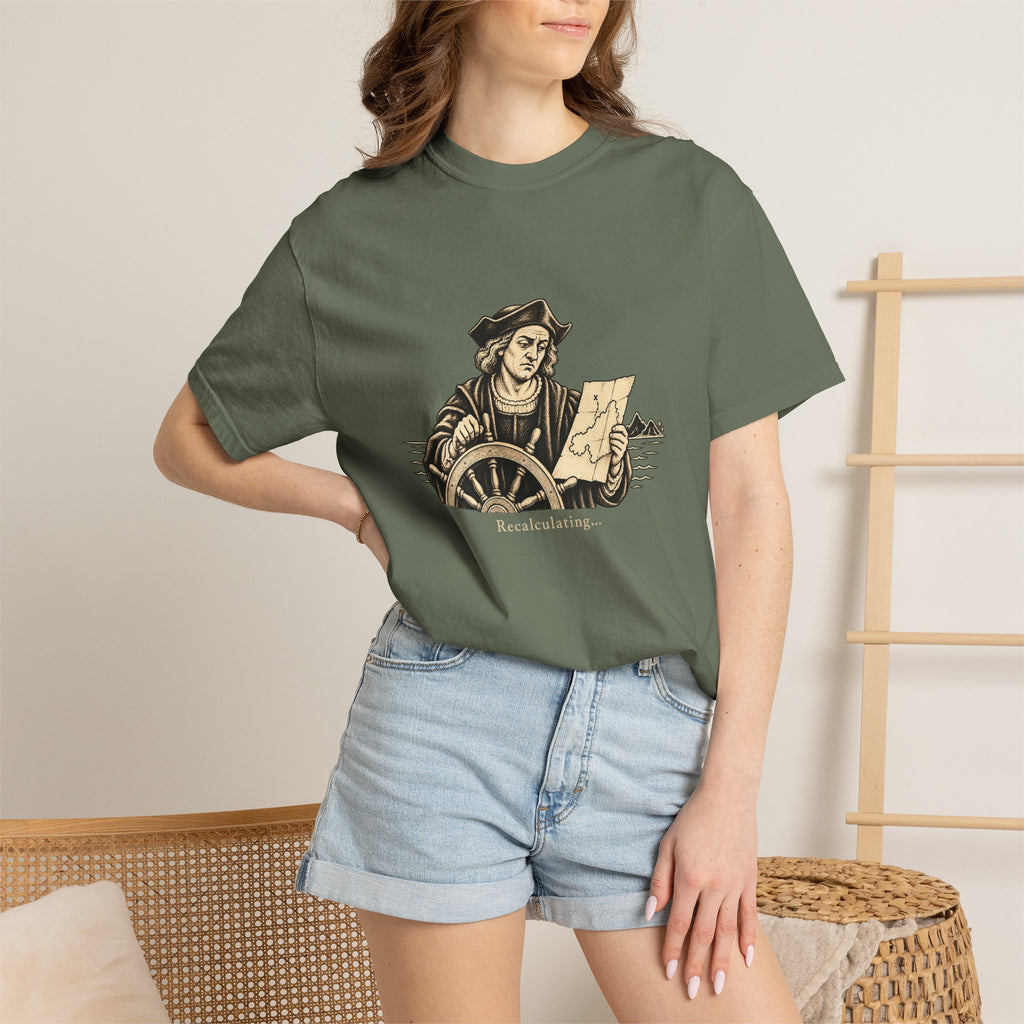Recalculating t-shirt: vintage navigator at a ship's wheel