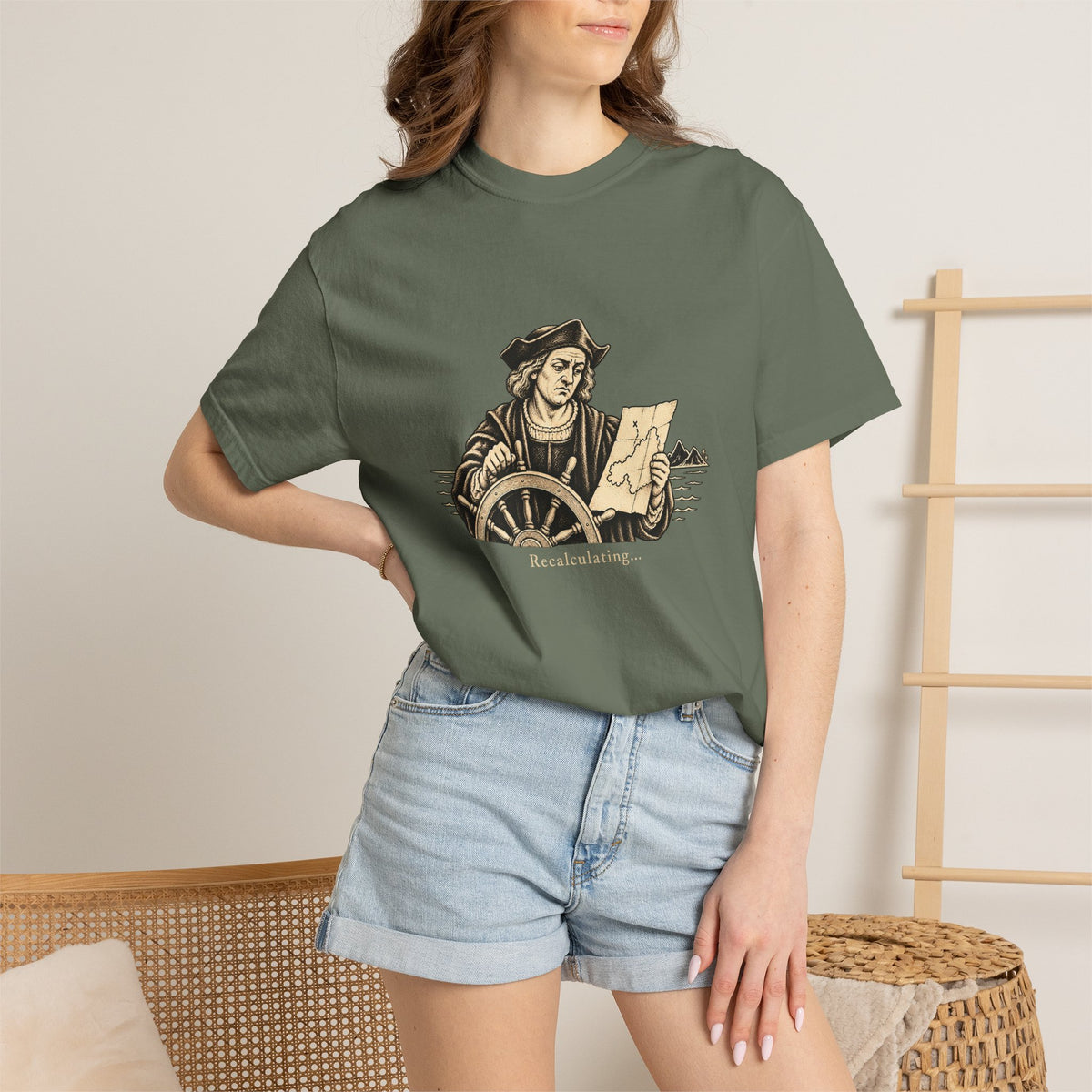 Recalculating t-shirt: vintage navigator at a ship's wheel