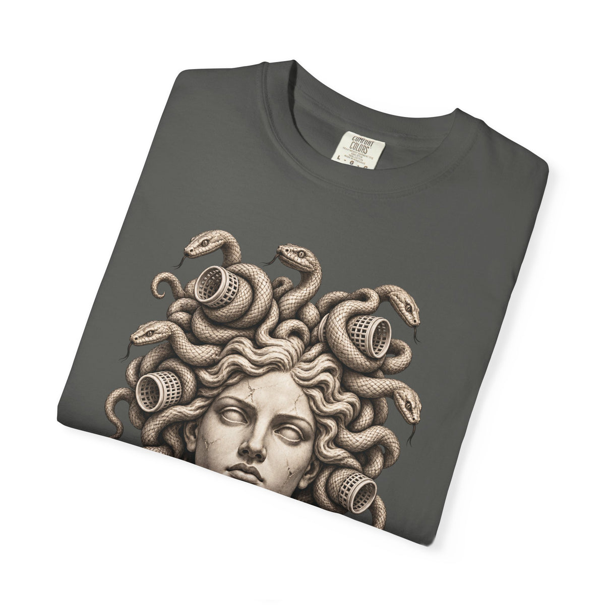 Bad Hair Day t-shirt: Medusa with her snakes in hair rollers