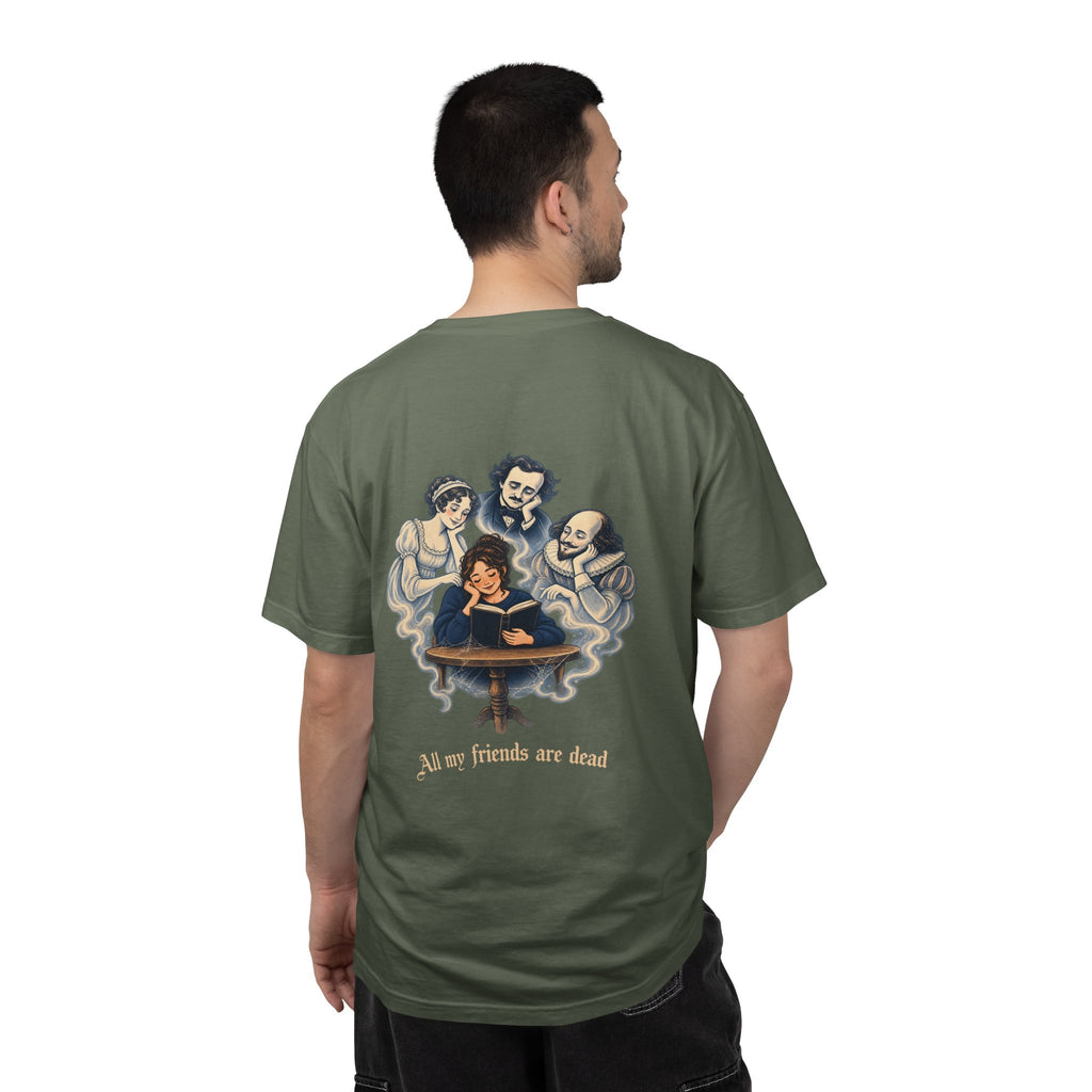 All My Friends Are Dead Familiar Spirits t-shirt: reader with ghostly companions