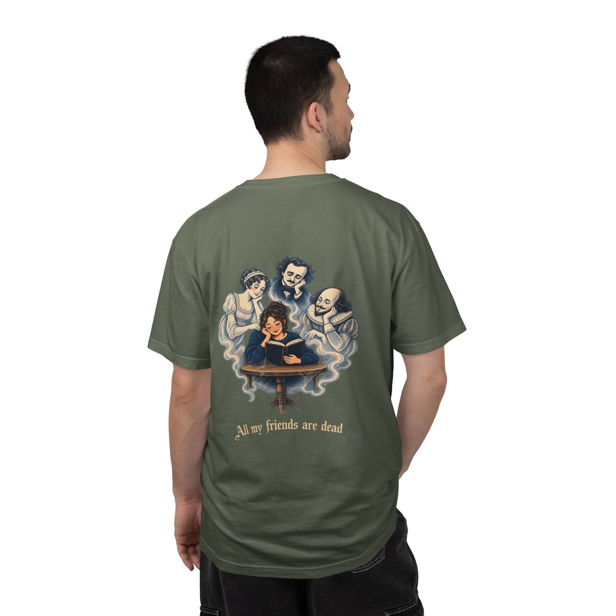 All My Friends Are Dead Familiar Spirits t-shirt: reader with ghostly companions