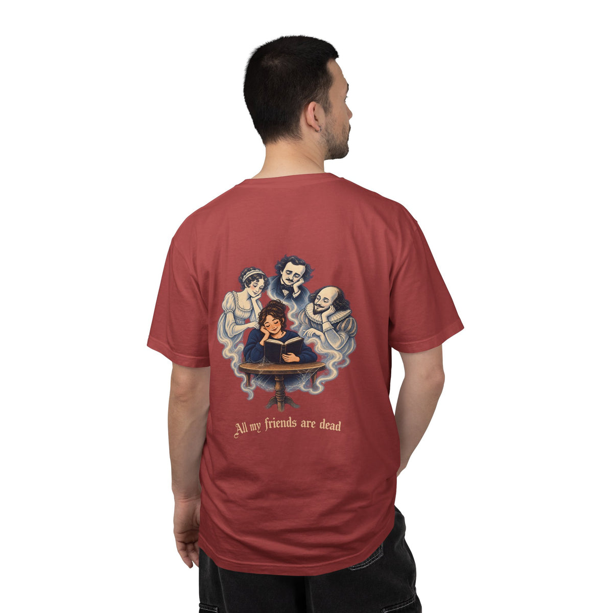 All My Friends Are Dead Familiar Spirits t-shirt: reader with ghostly companions