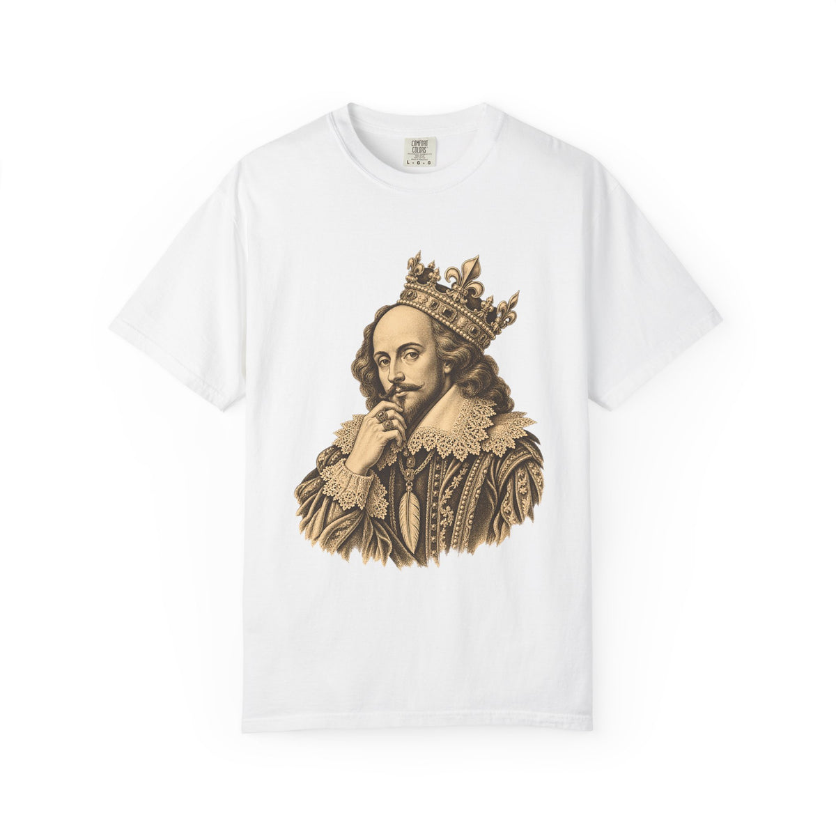 The Bard t-shirt: crowned William Shakespeare engraving-style portrait