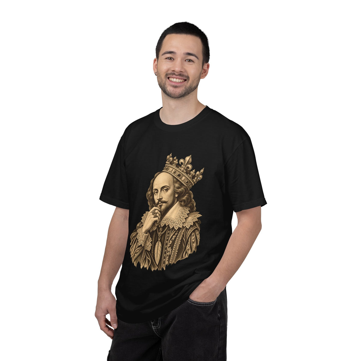 The Bard t-shirt: crowned William Shakespeare engraving-style portrait