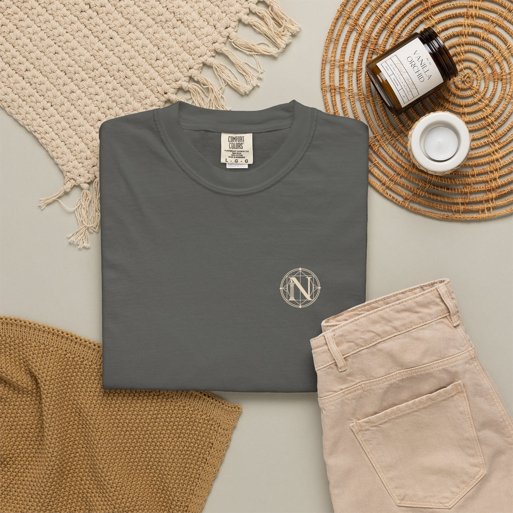 Falling Figure t-shirt: falling winged figure back print with Nexus chest monogram