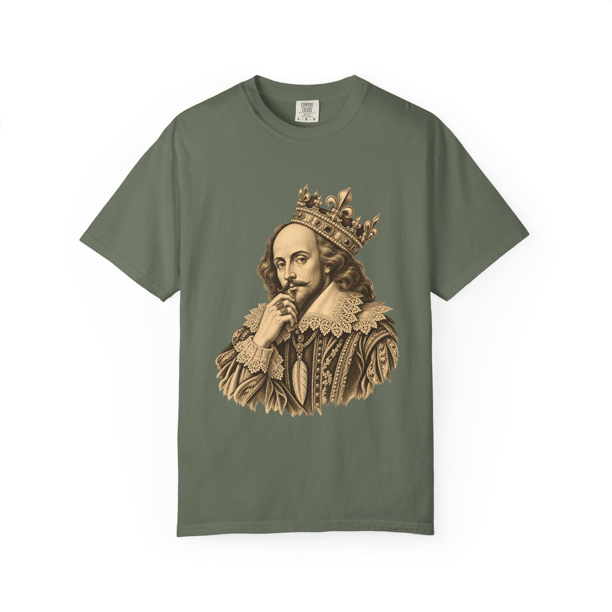 The Bard t-shirt: crowned William Shakespeare engraving-style portrait
