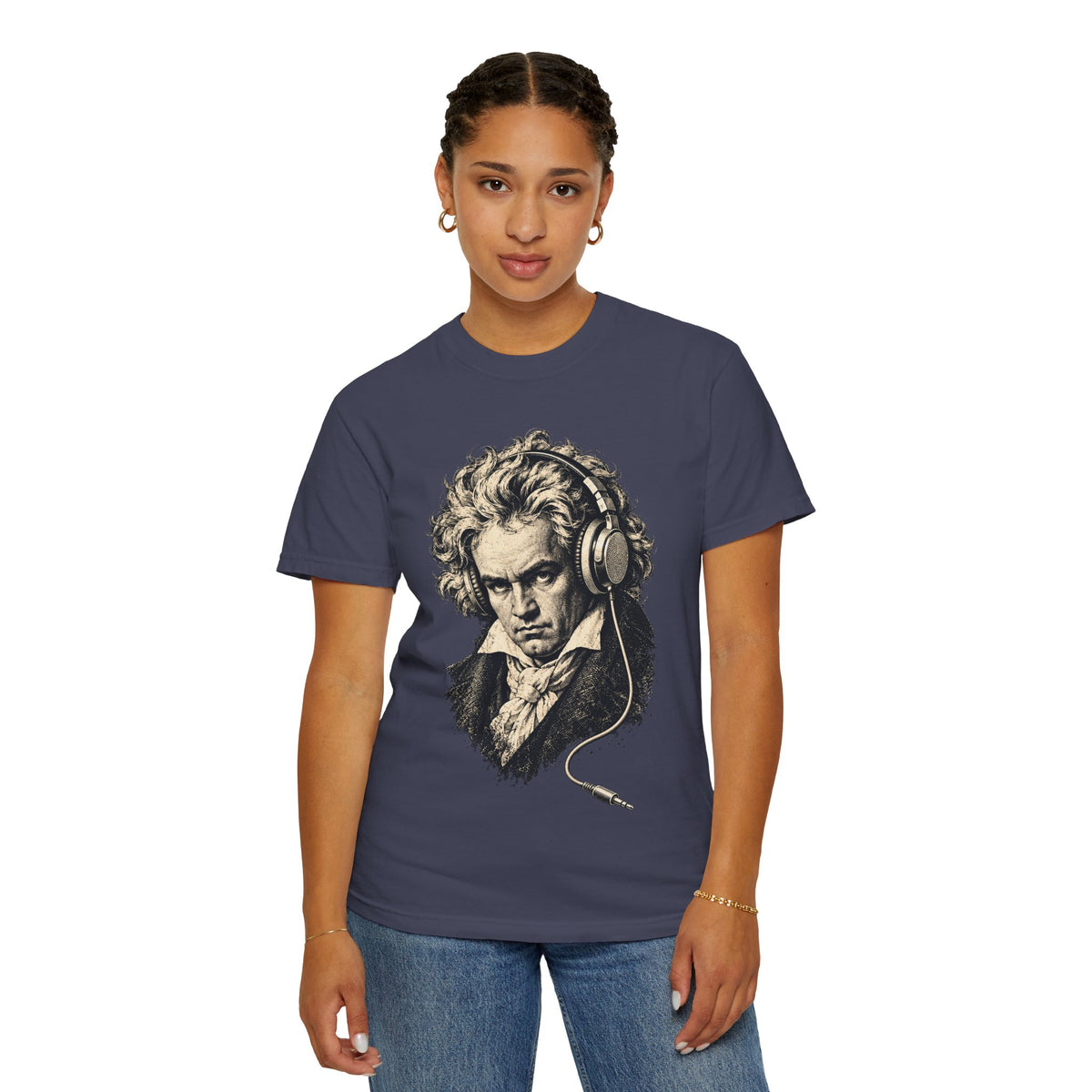 Beethoven Unplugged t-shirt: Ludwig van Beethoven portrait wearing headphones