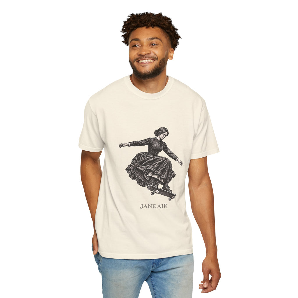 Jane Air t-shirt: Jane Eyre-inspired woman in period dress on a skateboard