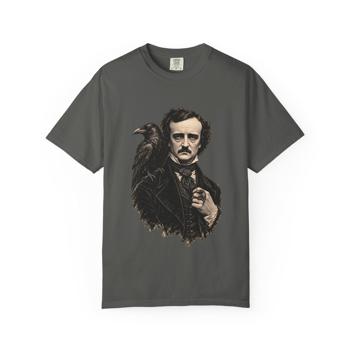 Poe After Dark t-shirt: Edgar Allan Poe portrait with a raven