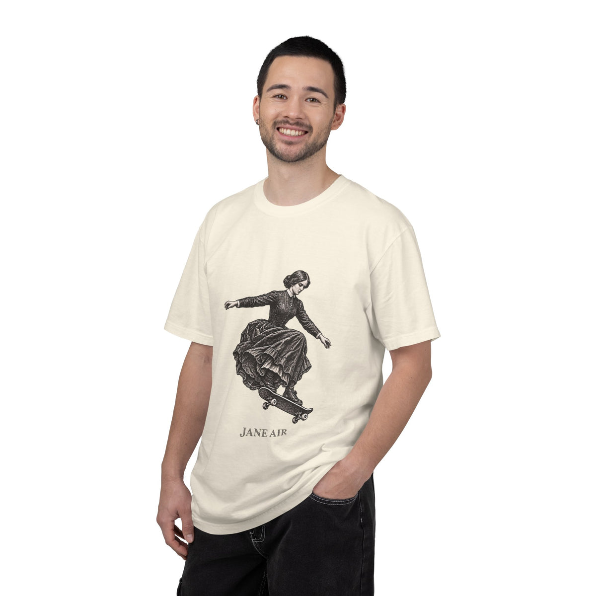 Jane Air t-shirt: Jane Eyre-inspired woman in period dress on a skateboard
